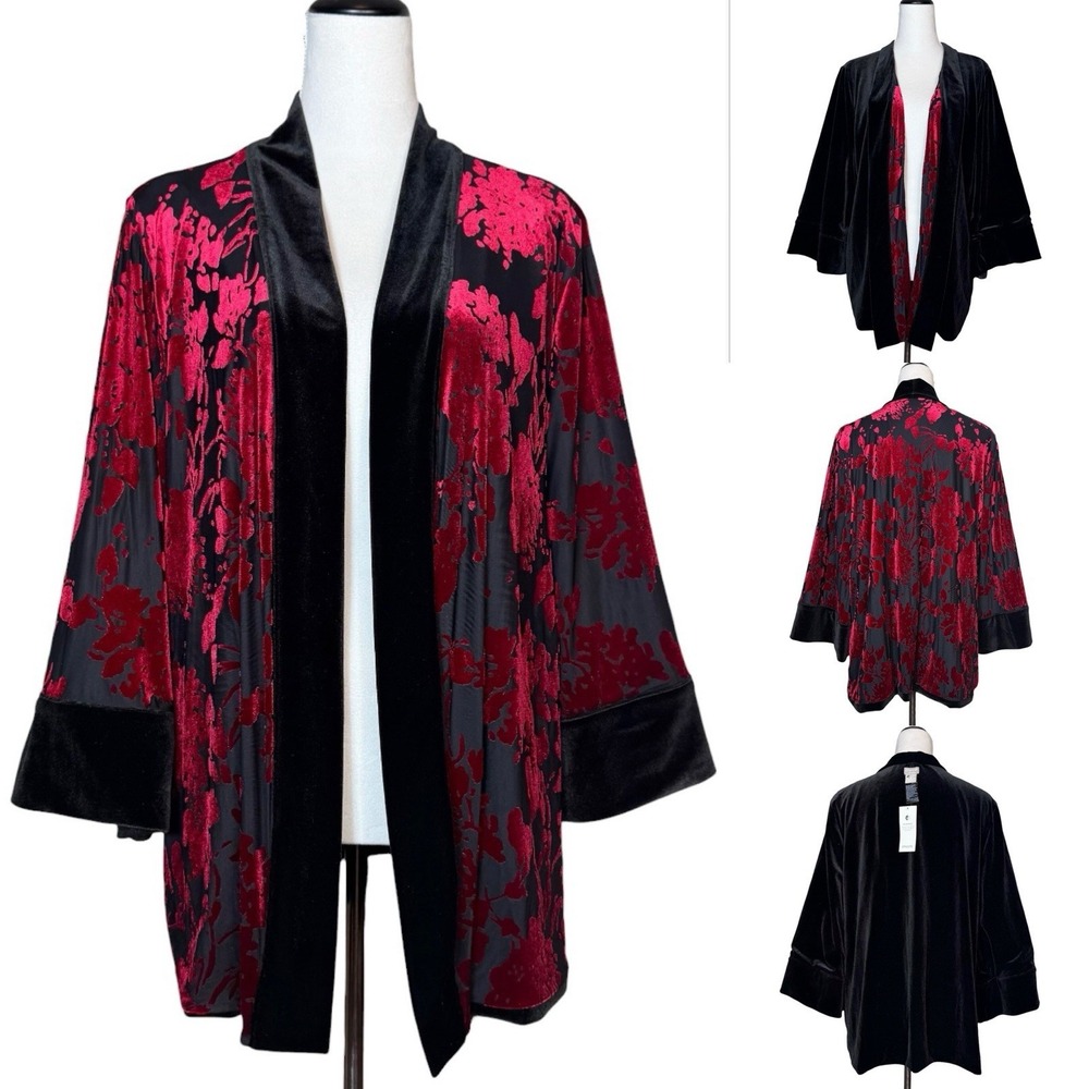 Chicos Traveler Velvet Burnout Floral Kimono Reversible Jacket 16/18 Black Red